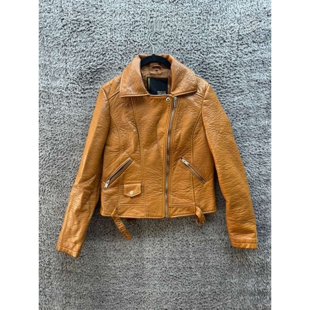 Robert Philippe Faux Leather Full Zip Motorcycle Biker Jacket Brown Women Size S